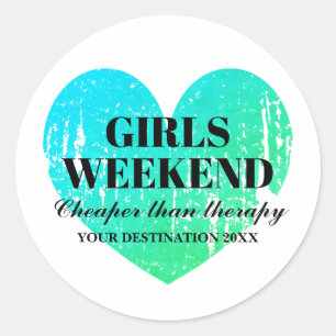 Girls weekend away trip turquoise blue heart classic round sticker