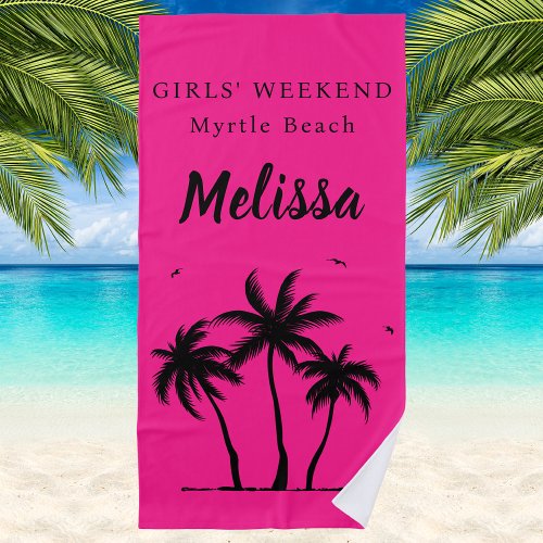 Girls Weekend Pink and Black Palm Tree Beach Towel