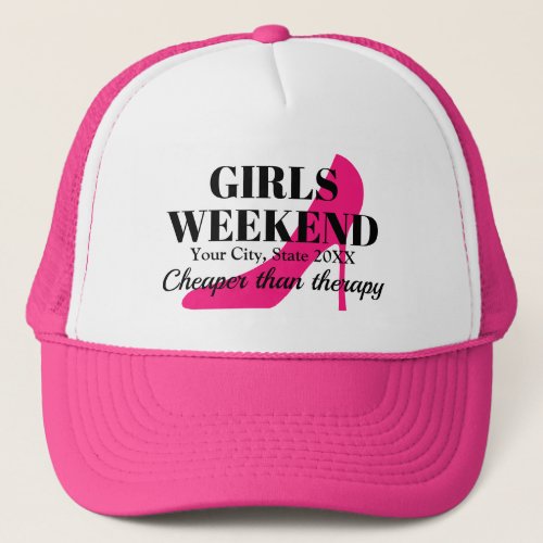 Girls weekend pink stiletto bachelorette party trucker hat