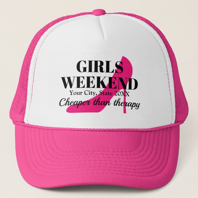 Girls weekend pink stiletto bachelorette party trucker hat (Front)
