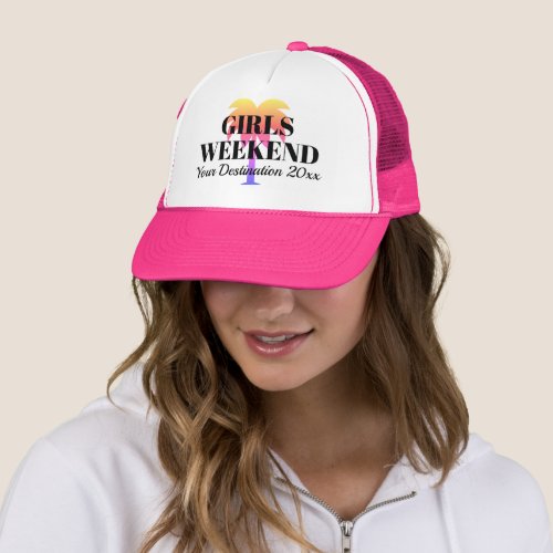 Girls weekend pink tropical palm tree beach travel trucker hat