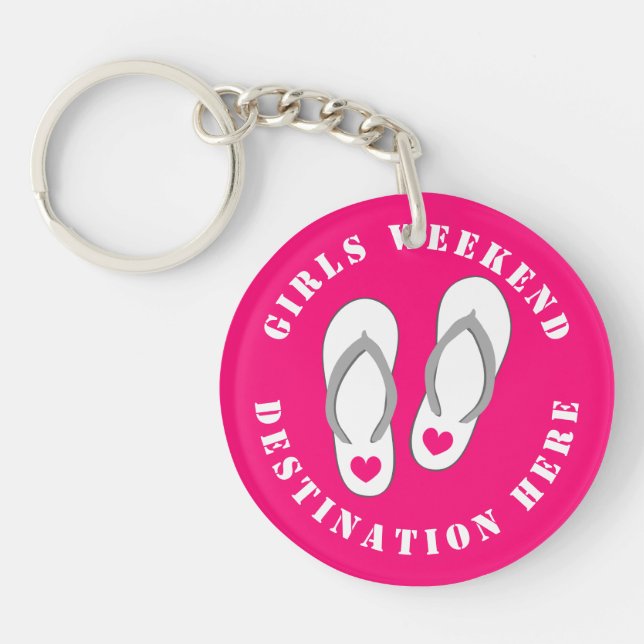 Girls weekend trip beach sandals destination pink keychain (Front)