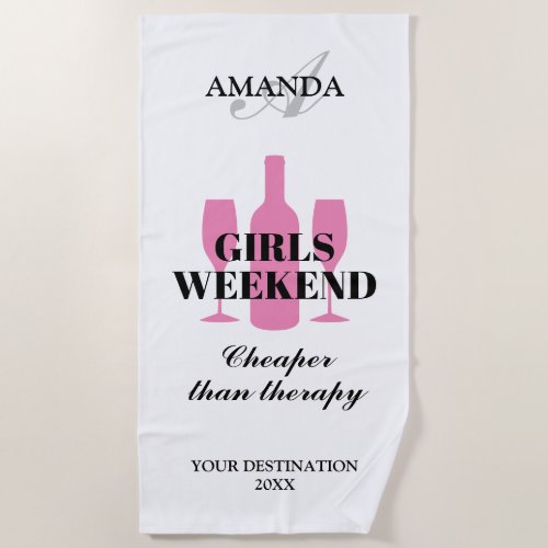 Girls weekend trip custom pink wine theme beach towel