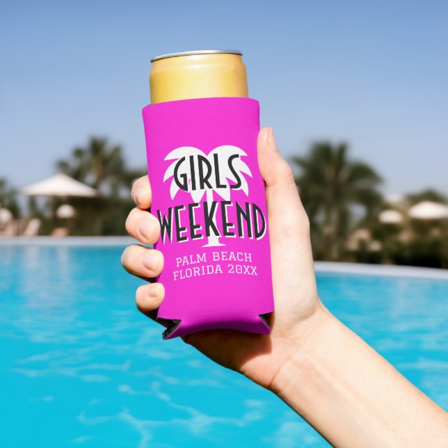 Girl's weekend trip personalized pink seltzer can cooler (In Situ Pool)