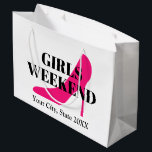 Girls weekend trip pink high heel stiletto shoe large gift bag<br><div class="desc">Girls weekend trip neon pink high heel stiletto shoe Large Gift Bag. Add your own party favors and goodies. Small, medium and big sizes. Customizable stringed bags with date and destination. Elegant typography template with fashion icon. Create beautiful bags for best friends, guests, bridesmaids, family, bridal crew, bride, bridesmaids, groups,...</div>