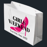 Girls weekend trip pink high heel stiletto shoe large gift bag<br><div class="desc">Girls weekend trip neon pink high heel stiletto shoe Large Gift Bag. Add your own party favors and goodies. Small, medium and big sizes. Customizable stringed bags with date and destination. Elegant typography template with fashion icon. Create beautiful bags for best friends, guests, bridesmaids, family, bridal crew, bride, bridesmaids, groups,...</div>