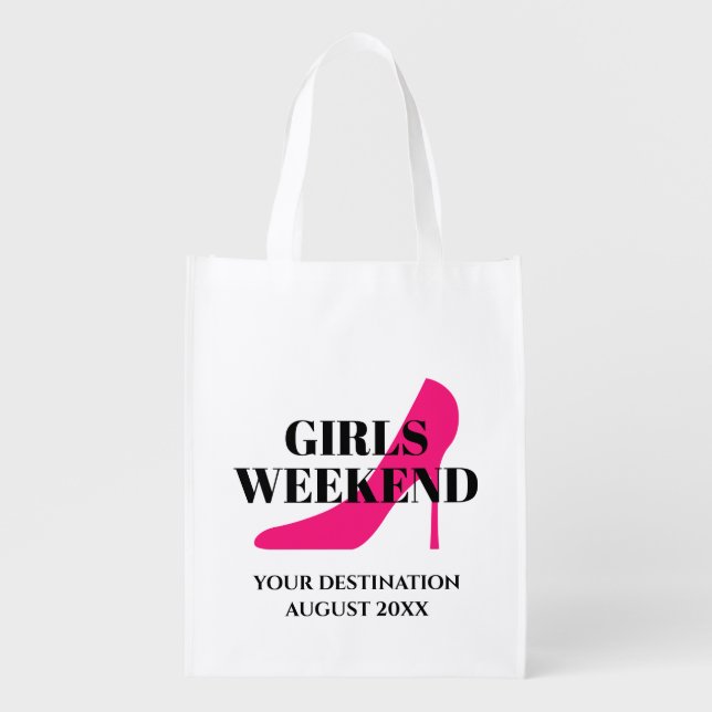 Girls weekend trip pink high heels shoe stiletto grocery bag (Front)