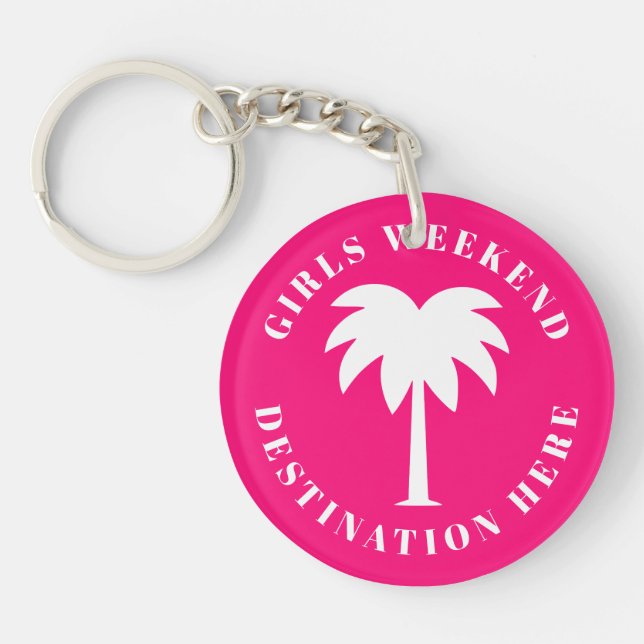 Girls weekend trip pink tropical palm destination keychain (Front)