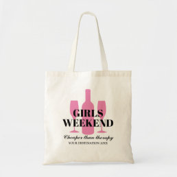 Girls weekend trip pink wine bottle and glasses tote bag