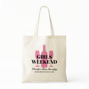 Girls weekend trip pink wine bottle and glasses tote bag