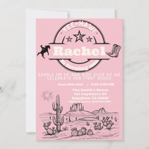 Girls Western Cowgirl First Birthday First Rodeo Invitation