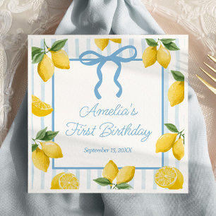 Girls Whimsical Blue Bow Lemon Amalfi Birthday Napkins