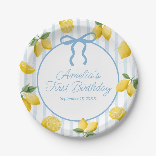 Girls Whimsical Blue Bow Lemon Amalfi Birthday Paper Plates (Front)