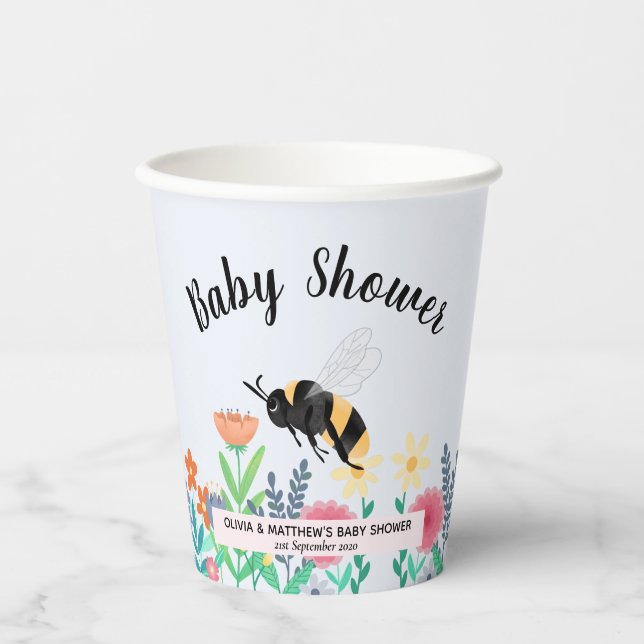 Girls Whimsical Bumblebee Bee Floral Baby Shower Paper Cups (Front)