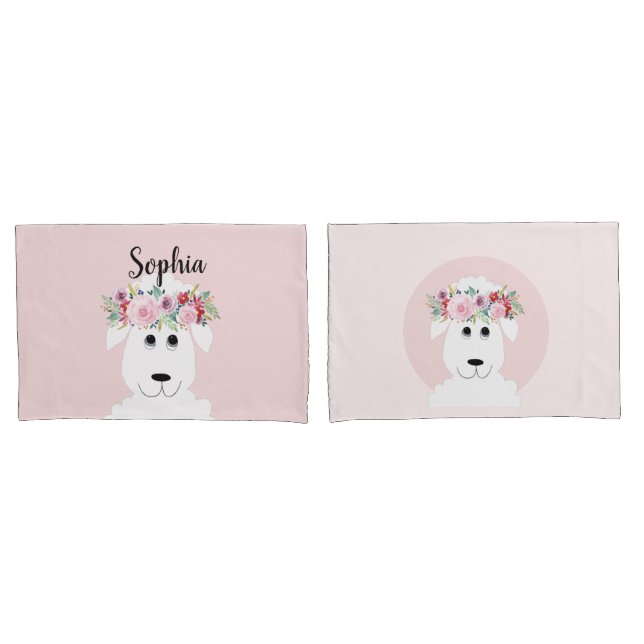 Girls Whimsical Farm Sheep Cartoon and Name Kids Pillow Case (Front-Set)