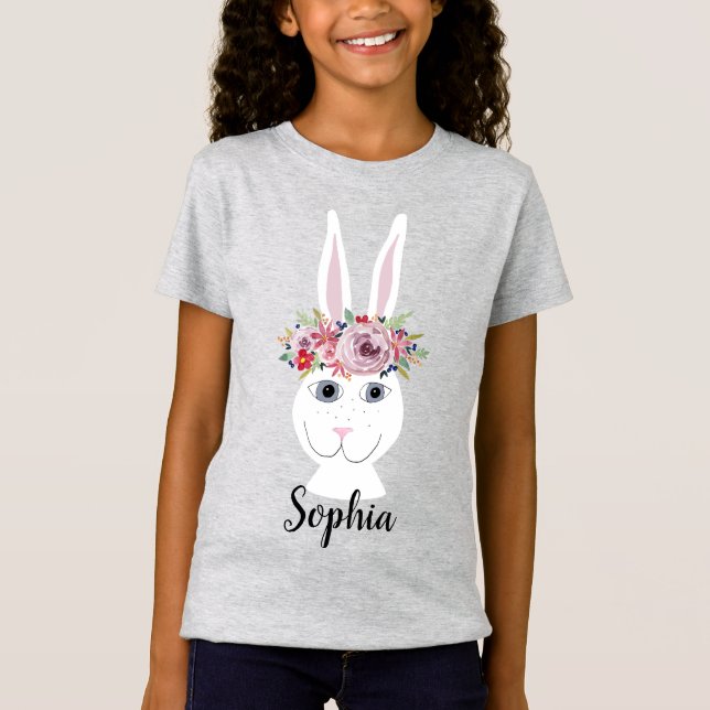 Girls Whimsical Floral EasterBunny Rabbit and Name T-Shirt (Front)