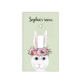 Girls Whimsical Floral Rabbit & Name Baby Nursery Light Switch Cover