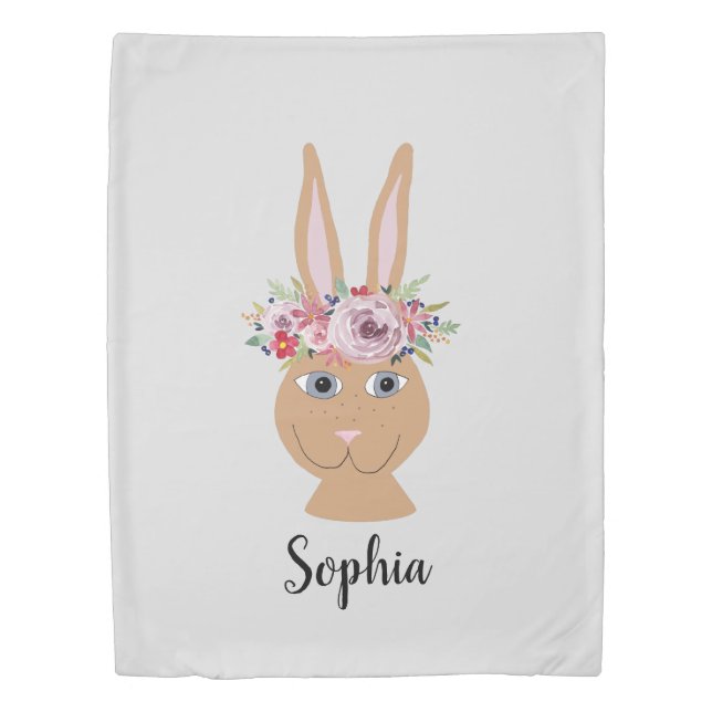 Girls Whimsical Floral Watercolor Rabbit Duvet Cover (Front)