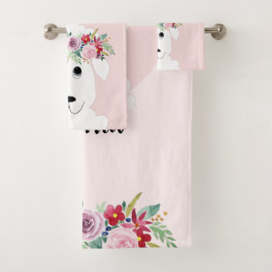 Girls Whimsical Floral Watercolor Sheep and Name Bath Towel Set