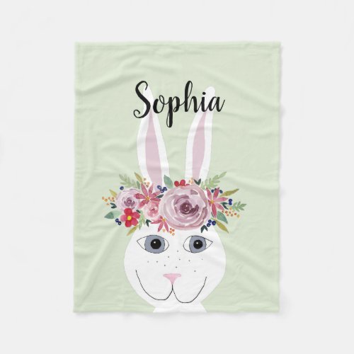 Girls Whimsical Flowers Watercolor Rabbit and Name Fleece Blanket