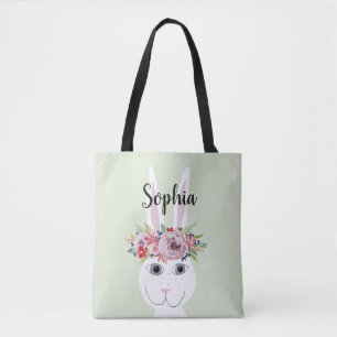 Girls Whimsical Flowers Watercolor Rabbit and Name Tote Bag