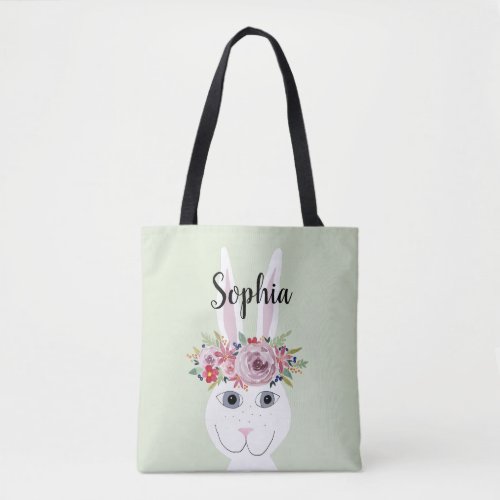 Girls Whimsical Flowers Watercolor Rabbit and Name Tote Bag