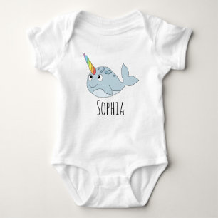 Girls Whimsical Rainbow Narwhal Cartoon and Name Baby Bodysuit