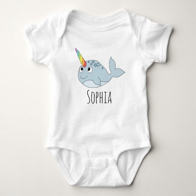 Girls Whimsical Rainbow Narwhal Cartoon and Name Baby Bodysuit (Front)