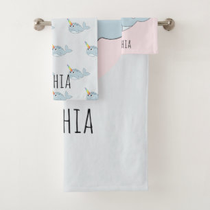 Girls Whimsical Rainbow Narwhal Cartoon Name Kids Bath Towel Set