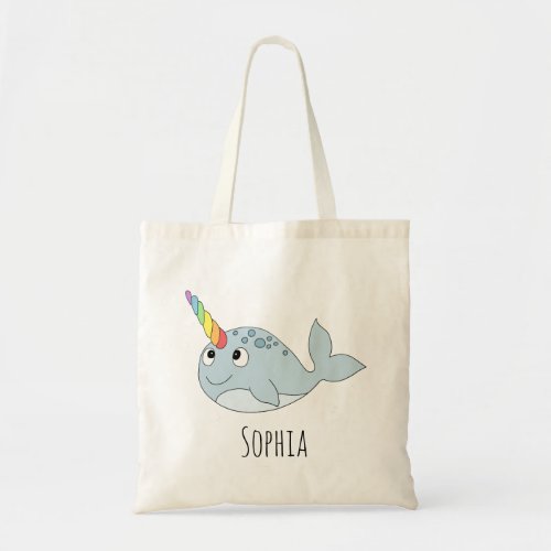 Girls Whimsical Rainbow Narwhal Cartoon Name Kids Tote Bag