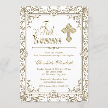 Girls White And Gold First Communion Invitations by InvitationCentral at Zazzle