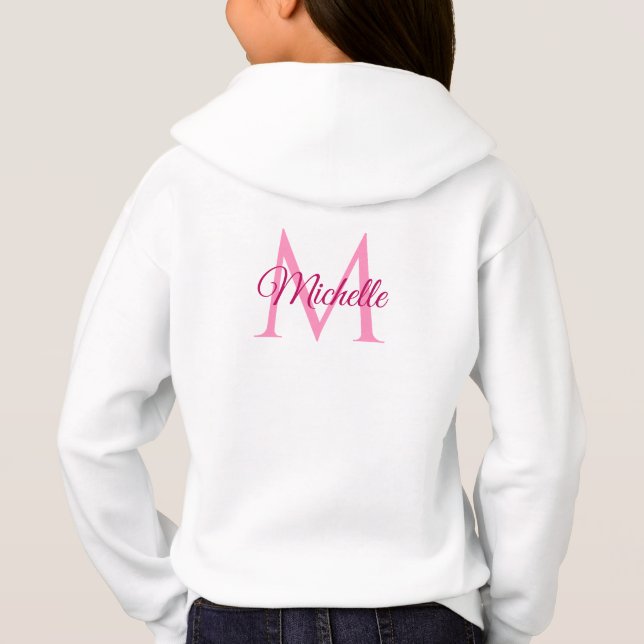 Girls White Pink Hoodies Back Print Monogram Name (Back)