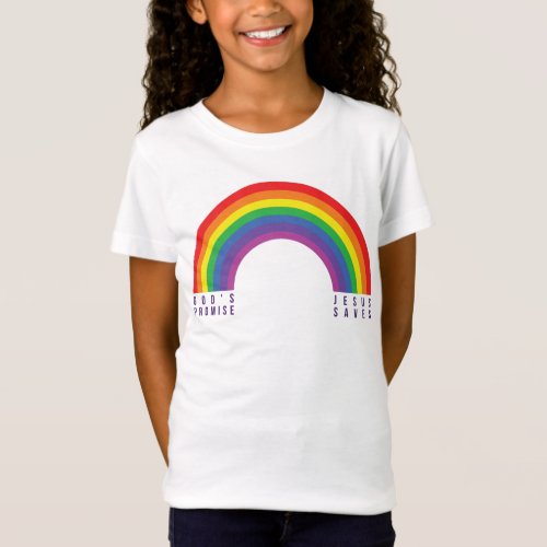 Girls White T_shirt Rainbow Jesus Saves