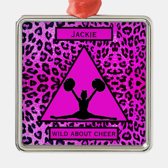 Girls "Wild About Cheer" Pink Leopard   Metal Ornament (Front)