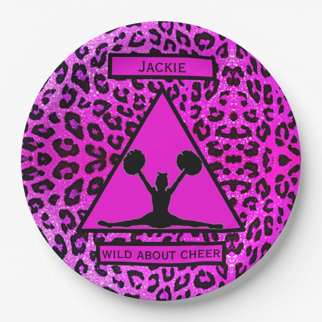 Girls "Wild About Cheer" Pink Leopard  Paper Plates (Front)