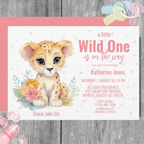 Girls Wild One Cheetah Floral Baby Shower   Invitation