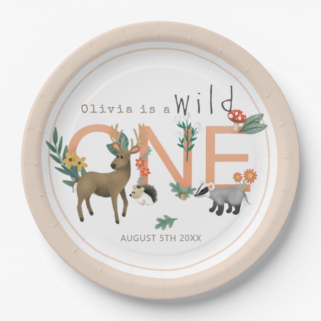 Girls Wild One Pink Woodland Animals 1st Birthday Paper Plates (Front)