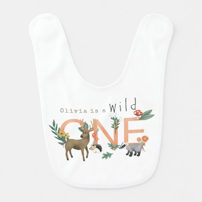 Girls Wild One Woodland Animals 1st Birthday Baby Bib (Front)