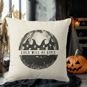 "Girls Will Be Girls   Cute Witch-Themed Halloween Throw Pillow