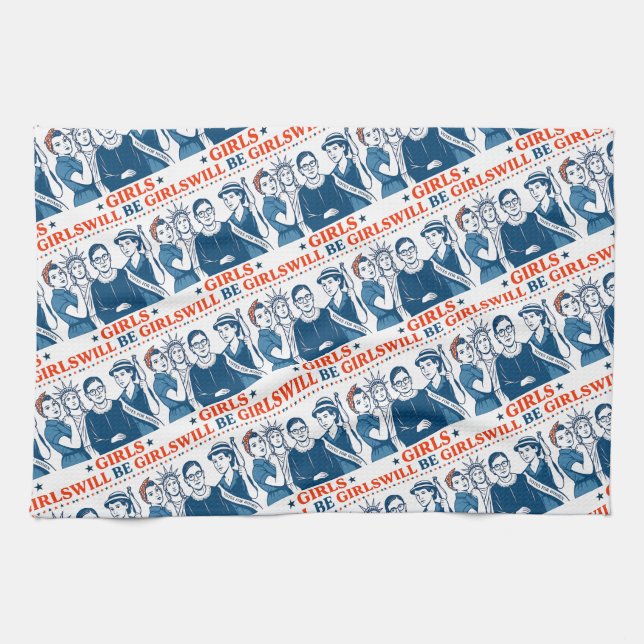 Girls Will Be Girls Patriotic Feminist 4th of July Kitchen Towel (Horizontal)