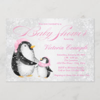 Girls Winter Baby Pengiun Baby Shower Invitation