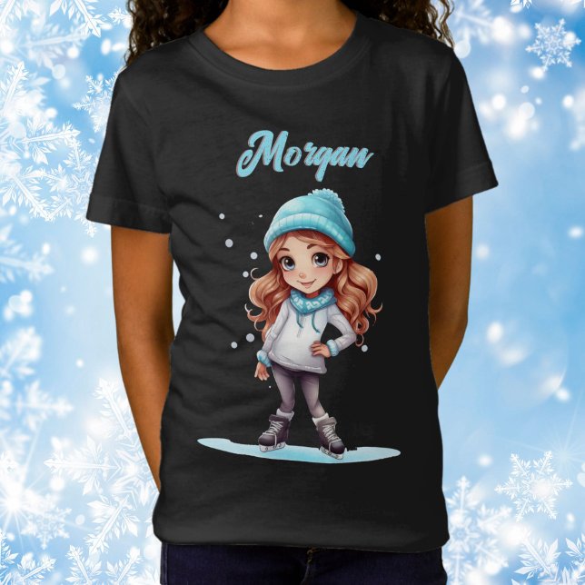 Girls Winter Ice Skate Figure Skate Personalized  T-Shirt (Girl Ice Skate Tee)