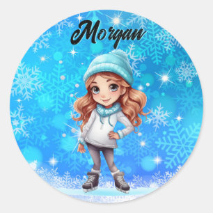 Girls Winter Ice Skate Figure Skate Snowflake Classic Round Sticker