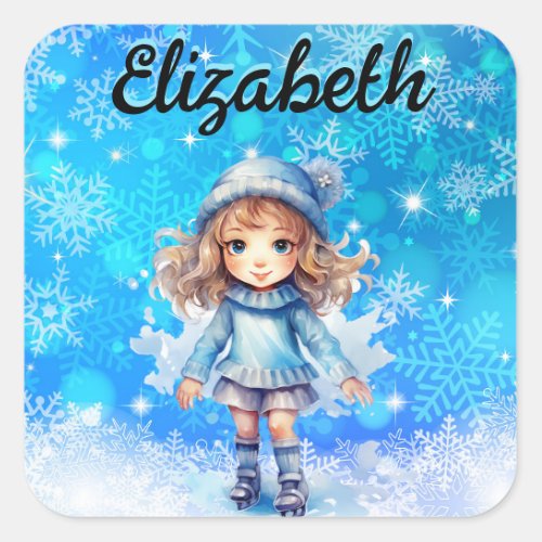 Girls Winter Ice Skate Figure Skate Snowflake Square Sticker