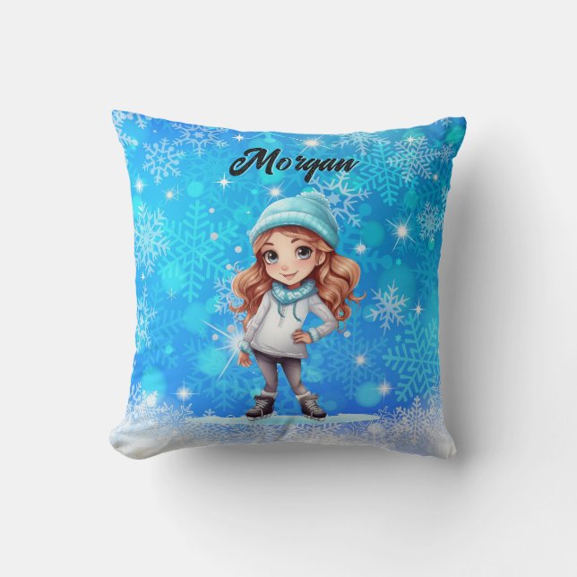 Girls Winter Ice Skate Figure Skate Snowflake Throw Pillow (Front)