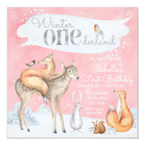 Girls Winter Onederland Woodland First Birthday Card