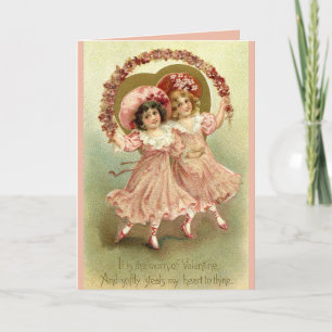 Girls with Flowers - Victorian Valentine Postcard
