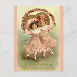 Girls with Flowers - Victorian Valentine Postcard