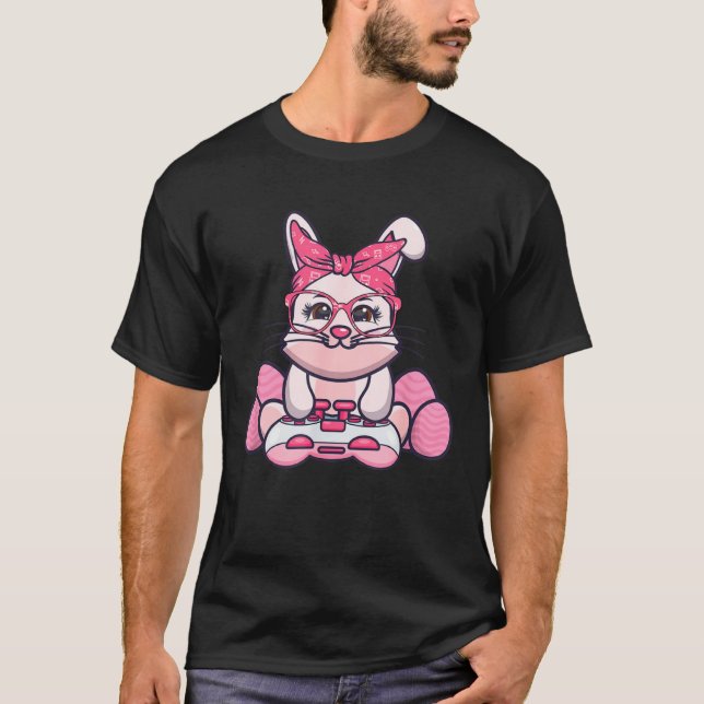 Girls Women Video Game Easter Bunny Gaming Control T-Shirt (Front)