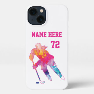Girls Womens Personalized Hockey Player Watercolor iPhone 13 Case